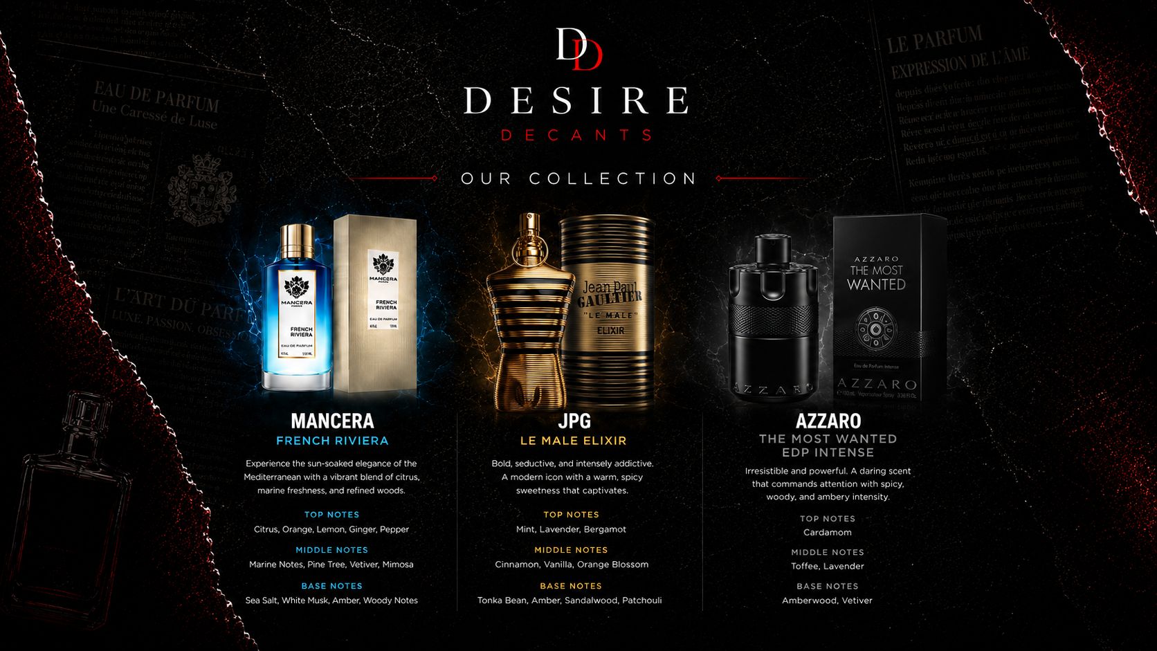 Collection – Mancera French Riviera, JPG Le Male Elixir, Azzaro Most Wanted